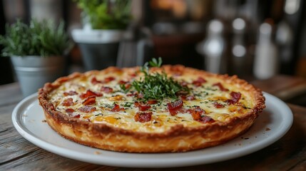 Savory quiche Lorraine a buttery crust filled with eggs cheese and bacon served on a white plate a delicious bakery dish