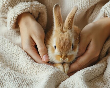 Volunteer brushing the fur of a rescued rabbit in a cozy shelter room