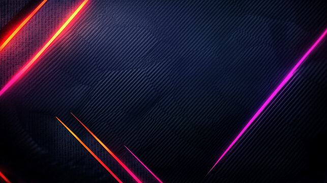 A dark gaming background with neon orange and pink lines cutting through a black carbon fiber texture, creating a modern, chaotic atmosphere with a blurred empty space for captions