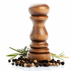 Wooden pepper grinder with peppercorns and rosemary