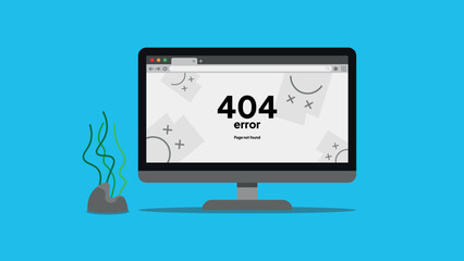 404 error page not found notification. Desktop with trouble page on the web screen. Flat Style vector illustration