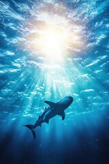 Obraz premium Whale shark swimming near a scuba diver in a vibrant ocean scene