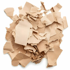 Beige paper scraps pile isolated white background