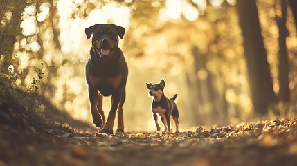 A Rottweiler and a small dog running energetically along a sunlit forest path surrounded by vibrant autumn leaves