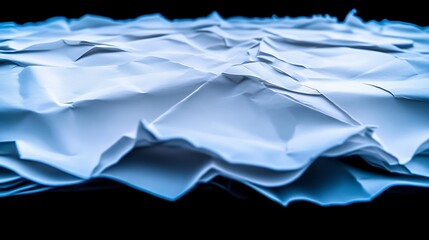 Obraz premium Close-up of crumpled blue paper texture on a dark background, creating a dynamic visual effect