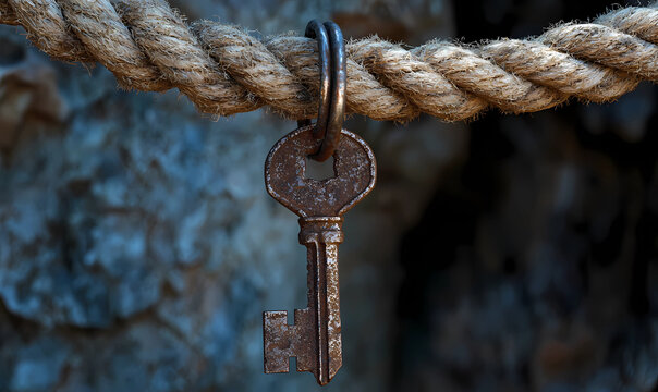Discover the Intriguing Charm of a Rusted Key Suspended on a Weathered Rope, Evoking Mystery