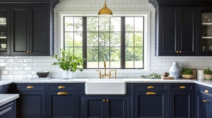 Naklejka premium Modern Dark Blue Kitchen with Bright Natural Light and Stylish Decor