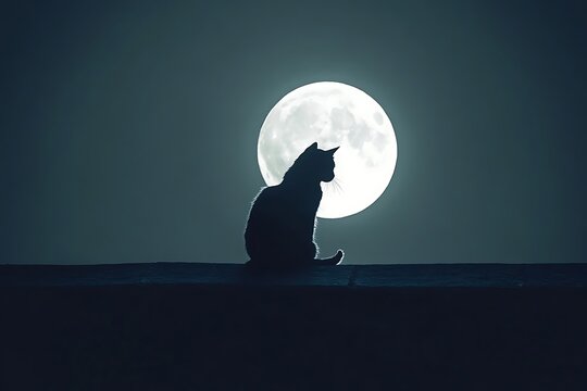A black cat silhouette against a full moon on a rooftop