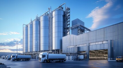 Obraz premium Industrial Facility with Silos and Trucks at Sunset in Urban Setting