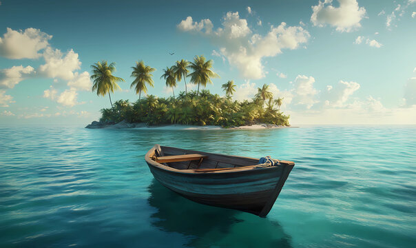 Boat drifting in the ocean, isolated near lush greenery, evoking tranquility and exploration on a peaceful journey