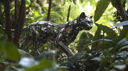 Obraz premium A sleek, metallic cat sculpture gracefully poised among vibrant green foliage, catching sunlight and reflecting shimmering patterns in a lush jungle setting