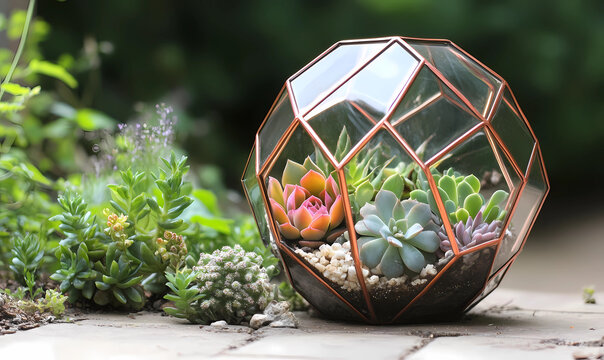 Succulent propagating in a geometric terrarium, blending nature with modern design for indoor gardening enthusiasts