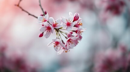 Cherry blossom flowers in full bloom with soft pink hues in a dreamy background
