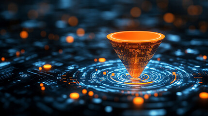 Digital diagram and planet hologram representing futuristic fintech concepts, bright modern design, chaos, and innovation. Blank space on the side for text or caption