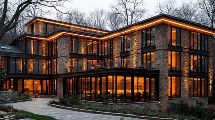 Modern stone house at dusk, lit by warm exterior lighting, with landscaped grounds