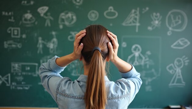Teacher facing chalkboard with hands on head. Overwhelmed teacher feeling stress, headache in classroom. Difficult workload causing academic pressure, mental health issues. Possible student problem