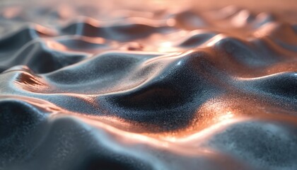 Fototapeta premium Abstract metallic fluid flows in soft silver peach, black tones. Dynamic swirls, reflections create captivating pattern. Close-up view of smooth liquid-like surface. Modern, contemporary design.