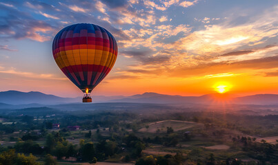 Obraz premium Hot air balloon at sunrise, rising with the sun and providing an inspiring view of the world from above