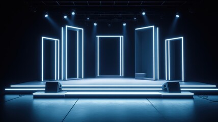 Futuristic stage with neon cool white lighting and architectural design