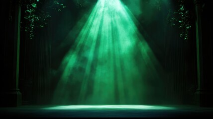 A stage with a soft, green glow spotlight illuminating