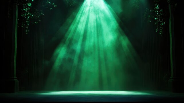 A stage with a soft, green glow spotlight illuminating