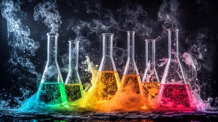 Abstract interpretation of chemistry with liquids in bold primary colors, dynamic smoky textures, and chaotic energy radiating from the experiments
