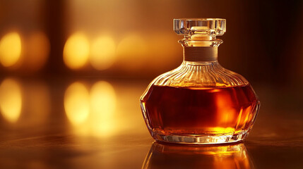 An elegant glass bottle filled with golden oil symbolizes purity, luxury, and quality, offering a modern, refined aesthetic with a bright tone, featuring a blurred background and empty space