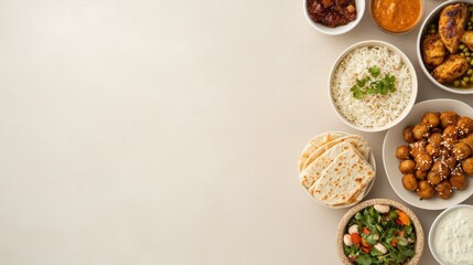 Assorted Traditional Dishes with Rice and Breads on a Table