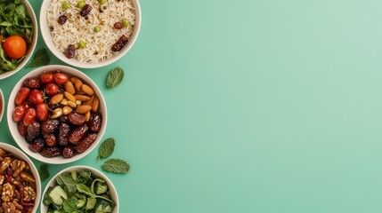 Colorful Bowls of Fresh Ingredients on Light Green Background