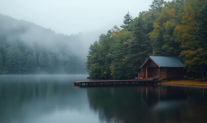 Fototapeta premium Lakefront cabin with a wooden dock surrounded by scenic nature, evoking peace and tranquility in a rustic retreat