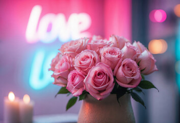 Obraz premium Bouquet of pink roses on the background of the neon sign 