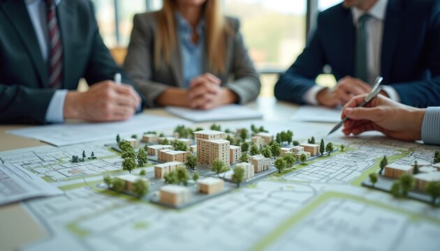 Urban planners analyze city development project. Professionals discuss model, maps. Collaboration on real estate design strategy. City landscape analysis in progress. Team meeting for blueprint,