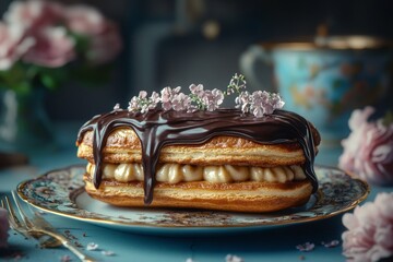 Chocolate ?clair, cream, flowers, vintage plate, teacup