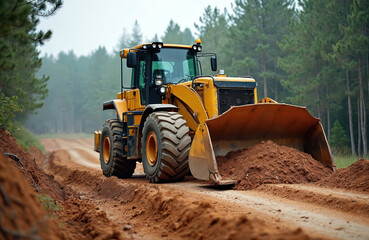 Yellow bulldozer clears forest land for new road construction. Heavy machinery moves dirt. Road building project in progress. Work site in forest area. Construction site with earth-moving equipment.