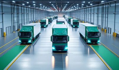 Fleet of Electric Trucks Departing Green Warehouse, Representing Sustainable Logistics Solutions