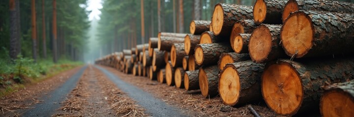 Stacked logs line forest road. Cut trees ready for transport. Wood industry process visible. Nature meets industrial work. Preparation of timber for processing. Sustainable timber industry. Sawmill