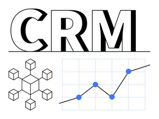 CRM large text with a growth chart and network diagram. Ideal for customer relationship management, business analytics, networking, data visualization, marketing tools, growth tracking, abstract line