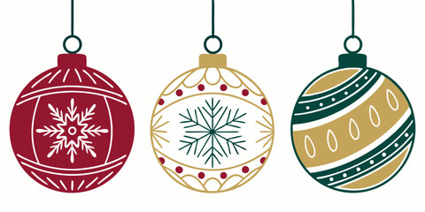 three different isolated Christmas balls as vector graphic – festive, detailed illustration on a white background