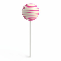 Pink-striped cake pop on stick, white background. Food blog, recipe
