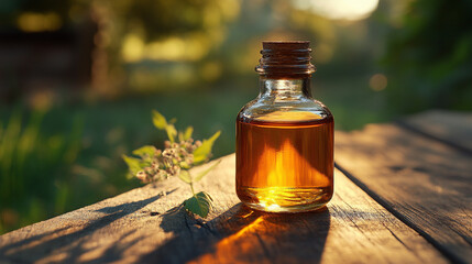 An elegant glass bottle filled with golden oil symbolizes purity, luxury, and quality, offering a modern, refined aesthetic with a bright tone, featuring a blurred background and empty space