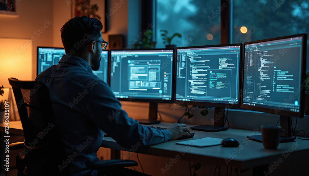 Wall mural ux designer works on wireframe on large monitor. concentrated on project at desk. inside modern work