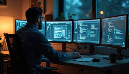 UX designer works on wireframe on large monitor. Concentrated on project at desk. Inside modern workspace, person uses tech to design website app interface. Person focused on details of digital