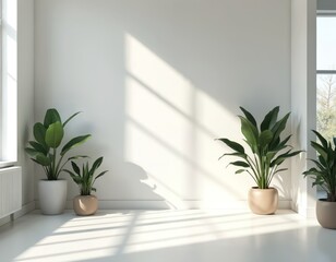 Bright white room mockup. Sunlight streams into empty space. Greenery, plants bring natural elements. Minimalist design. Calm, airy atmosphere. Modern style interior. Ideal for interior design