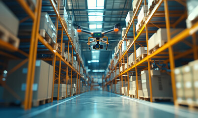 Drone Soaring from Tech-Driven Warehouse, Showcasing Advanced Technology in Logistics and Automation
