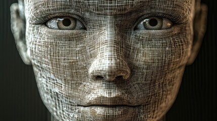 A hyper-realistic close-up of a cyborg's face adorned with intricate digital patterns, signifying the merging of technology and humanity in a futuristic context.