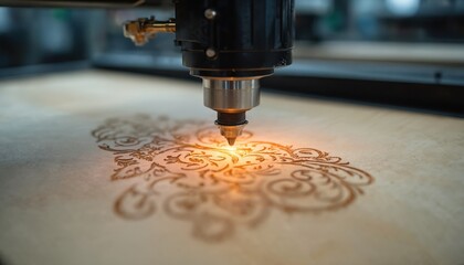 Automated laser cutting machine engraves intricate floral design on light brown wood plank at furniture factory. Precise tech equipment creates detailed patterns. Modern manufacturing process in