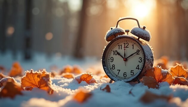 Snowy autumn scene shows frosted clock. Timekeeping concept on snowy ground. Autumn leaves and frost on ground. Winter time change. Falling back to standard time.