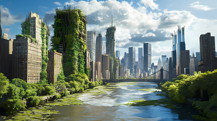 Obraz premium Post-apocalyptic world where nature has reclaimed a city with skyscrapers overgrown with vines and trees as rivers flow through streets. Nature Reclaiming Cities. Illustration