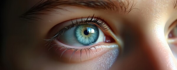 Naklejka premium Close-up view of woman eye. Blue iris stands out against skin. Eyelashes, eyebrows visible. Detail shows skin texture. Eye makeup likely present. Focus on beauty, macro details. Perfect for