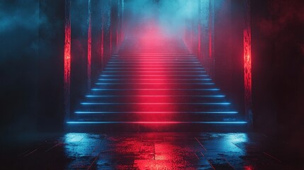 Neon stairs in a smoky, dimly lit corridor